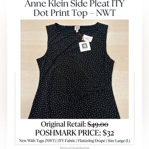 Anne Klein Side Pleat ITY Dot Print Sleeveless Top  NWT Large